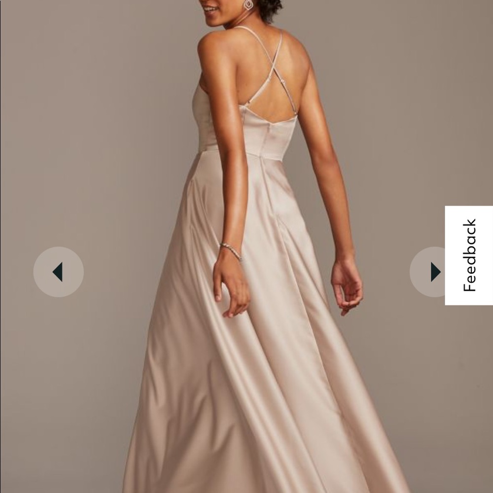 Size 10 satin v neck spaghetti strap bridesmaid dress David’s Bridal.
